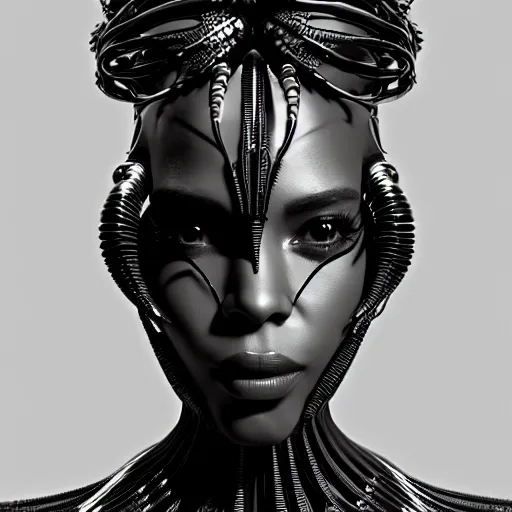 Image similar to portrait of an absurdly beautiful, graceful, sophisticated, fashionable black cyberpunk mechanoid gravure idol, ultrafine hyperdetailed illustration by irakli nadar, matt wisniewski style, marvel comics, intricate linework, ebony skin, neon jellyfish headdress, ivory carved ruff, unreal engine 5 highly rendered, global illumination, radiant light, detailed and intricate environment
