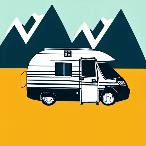 Prompt: stylized line art graphic of a white and black cute thor chateau! motorhome camper!!, mountains, colorful sunset!!, retro line art by tom whalen
