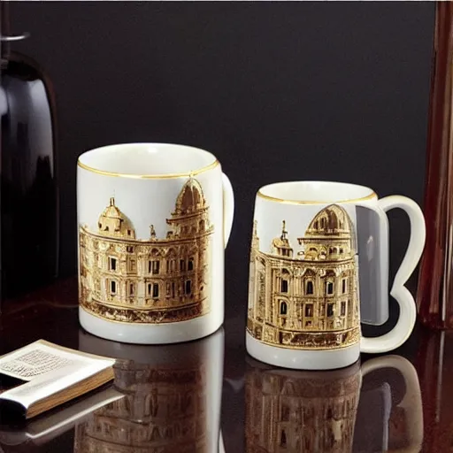 Prompt: The perfect tea mug, artsy baroque architectural design,