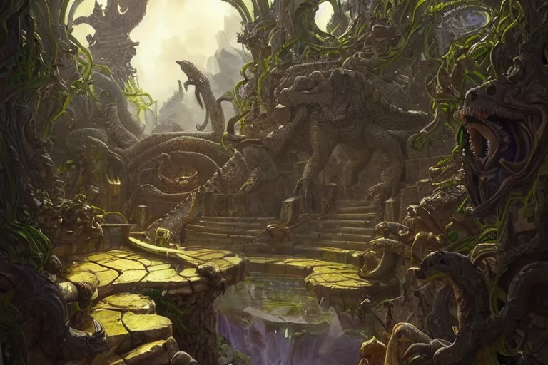 Image similar to path to the crocodile god lair, menacing statues of reptiles, deep focus, d & d, fantasy, intricate, elegant, highly detailed, digital painting, artstation, concept art, matte, sharp focus, illustration, hearthstone, art by artgerm and greg rutkowski and alphonse mucha