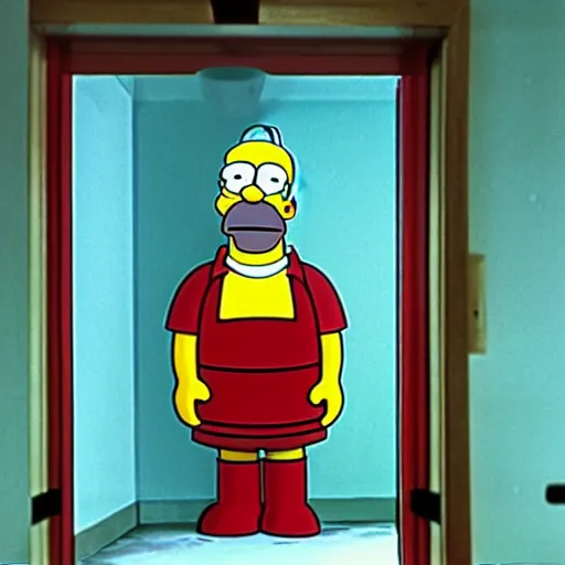 Prompt: homer simpson in a scene from the shining, 7 0 mm zeiss prime lens,