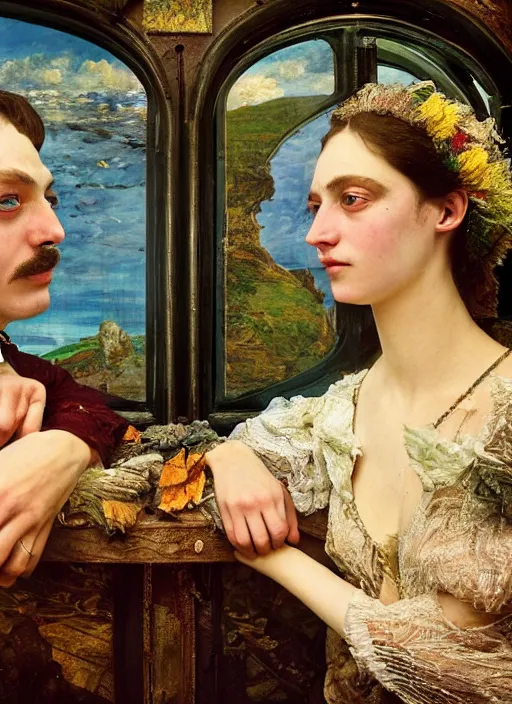 Prompt: detailed colourful masterpiece of photography by anne leibovitz couple portrait sat down extreme closeup, love, inside an underwater train, detailed realistic expressions, wearing unusual clothes, by ford madox brown and william powell frith and frederic leighton, ultra wide angle