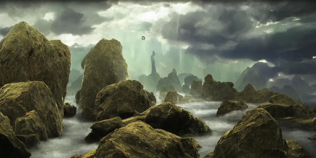 Prompt: photorealistic epic landscape with magically floating rocks, with ominous storm clouds by alphonse mucha and maxfield parrish. strange levitating stones, stones falling from the sky, swirls of mist. occult photorealism, uhd, amazing depth, glowing, volumetric lighting, cinematic lighting.