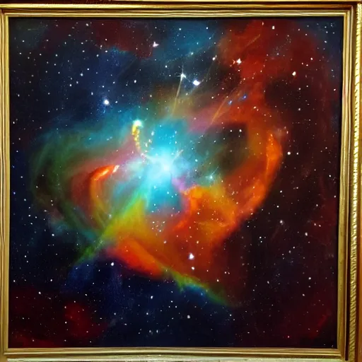 Image similar to A nebula in the shape of Obama surrounded by the cosmos, oil painting