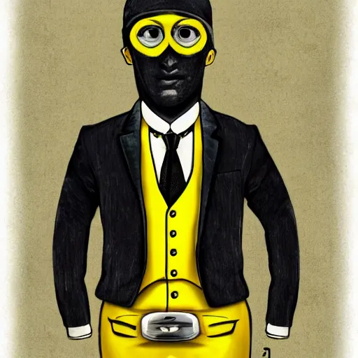 Image similar to yellow minion as the american psycho, sweating intensely, cinematic still