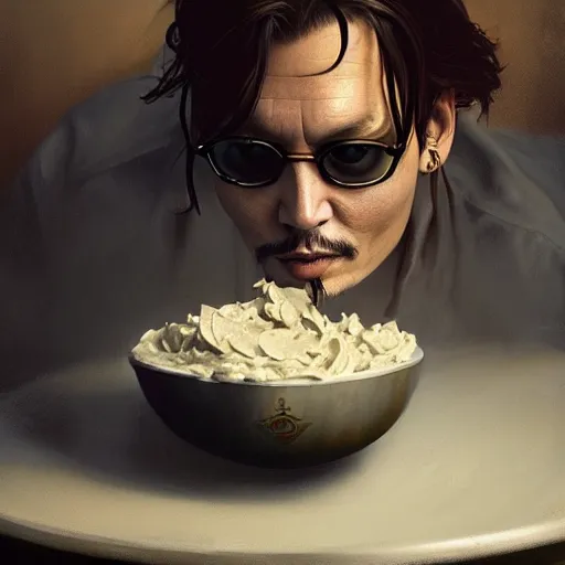 Image similar to johnny depp swimming in a giant bowl of chip dip, ultra high detailed, oil painting, greg rutkowski, charlie bowater, yuumei, yanjun cheng, unreal 5, daz, hyperrealistic, octane render, rpg portrait, dynamic lighting