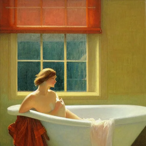 Prompt: dreamy oil painting of young woman in a large bathtub full of milk, smiling with her eyes closed as she washes herself, city lights from art deco window, hopper, mucha, irene patten, manara