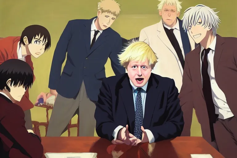 Image similar to anime key visual of boris johnson addressing the covid epidemic to a room of reporters, style of jamie wyeth james gilleard edward hopper greg rutkowski acrylic painting, preserved museum piece, historical