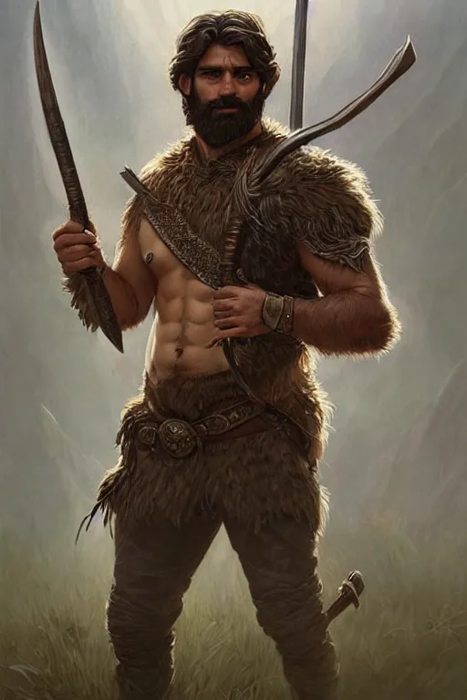 Prompt: full body portrait of a gruff ranger with a spear, lean and toned, handsome face, hairy chest and hairy body, D&D, fantasy, intricate, elegant, highly detailed, digital painting, artstation, concept art, matte, sharp focus, illustration, art by Artgerm and Greg Rutkowski and Alphonse Mucha