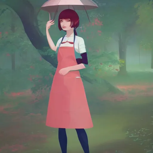 Image similar to a beautiful full body portrait of a young woman wearing an apron standing in a park, kantoku, james gilleard, lois van baarle, ilya kuvshinov, rossdraws, very detailed, matte, gaussian blur, tone mapped