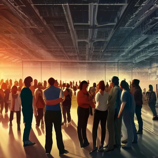Image similar to large group people in a warehouse, looking at hologram of futuristic city on a table, cinematic concept art, godrays, golden hour, natural sunlight, 4 k, clear details, tabletop model buildings, tabletop model, hologram center