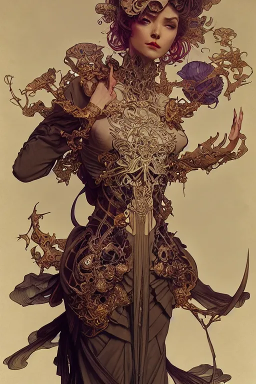 Image similar to magician style clothing design, fantasy, highly detailed, intricate, smooth, art by joseph leyendecker, peter mohrbacher, ruan jia, marc simonetti, ayami kojima, cedric peyravernay, alphonse mucha, victo ngai