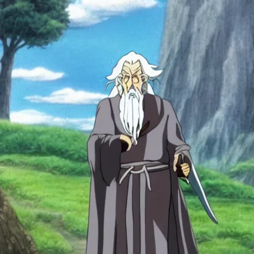 Image similar to gandalf from the anime lord of the rings (1986), studio ghibli, very detailed, hyperrealistic