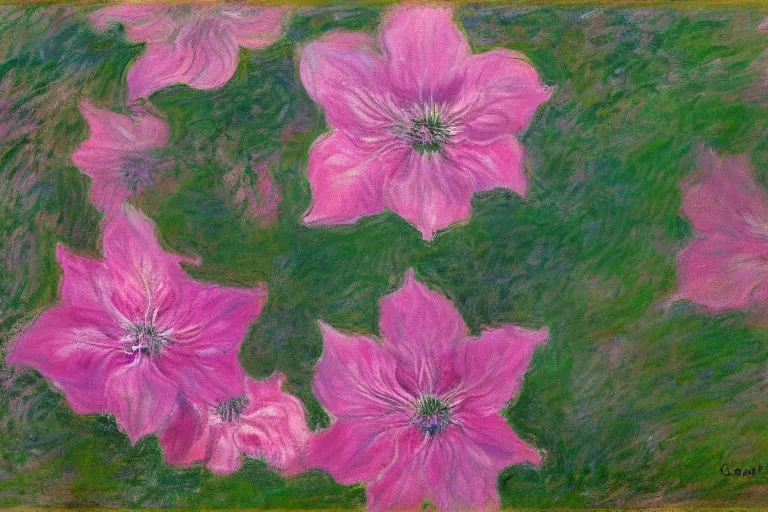 Image similar to beautiful pink dripping clematis by claude monet, oil on canvas
