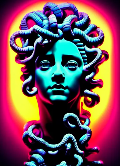 Image similar to statue of medusa, beeple, android jones, liam wong, ( ( ( ( ( dan mumford ) ) ) ) ), vaporwave, retrowave, black background, neon wiring, black, glitch, strong contrast, cuts, pinterest, trending on artstation