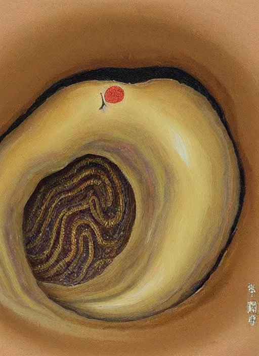 Prompt: Oil painting - a regular earthworm with a tiny little crown peeking out form a hole, Masterpiece, highly detailed, hints of Yayoi Kasuma