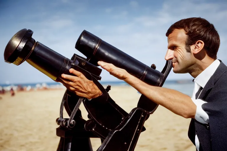 Image similar to closeup portrait of emmanuel macron firing a cannon at england at the beach, natural light, sharp, detailed face, magazine, press, photo, steve mccurry, david lazar, canon, nikon, focus