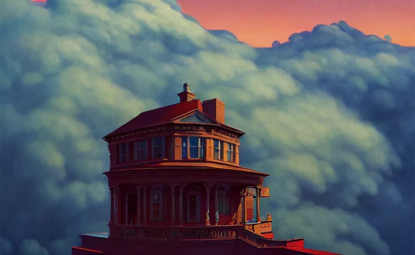 Image similar to A victorian city built above the clouds , very coherent, painted by Edward Hopper, Wayne Barlowe, painted by James Gilleard, airbrush, art by JamesJean