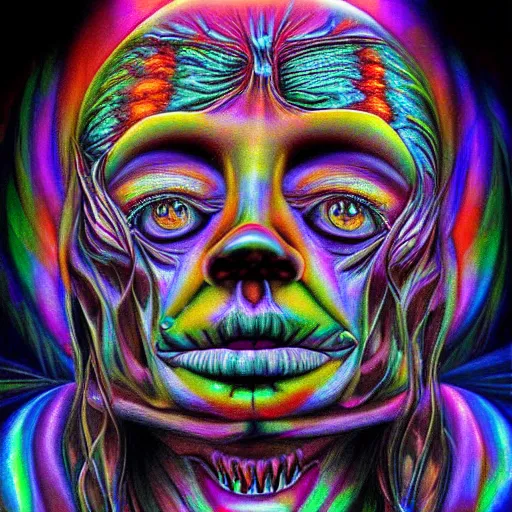 Prompt: hyperrealism realistic lsd detailed 3 d scary pyschedelic trippy nightmare face in the style of alex grey and pablo amaringo and david normal