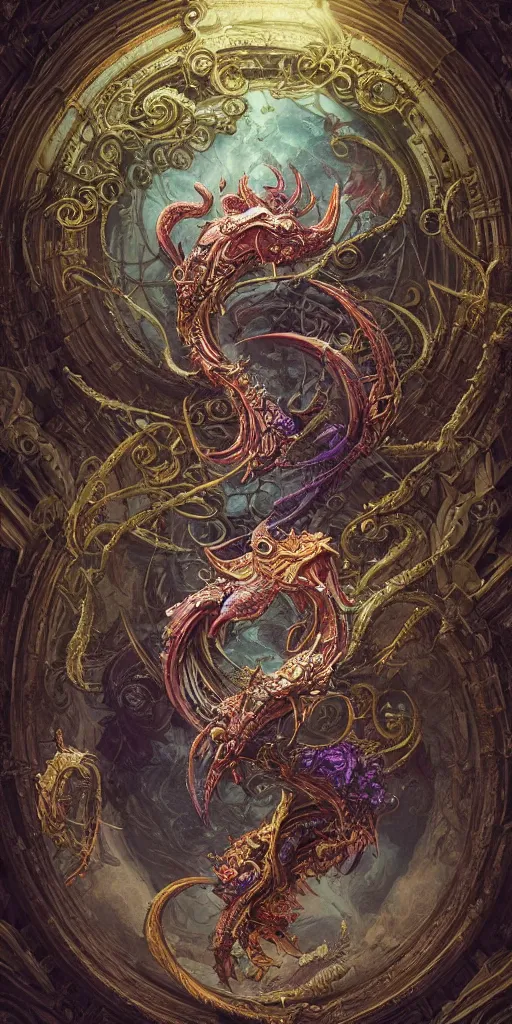 Image similar to enormous colorful Ouroboros floating around inside an ancient mage castle hall colossal scale, gothic and baroque, brutalist architecture, ultradetailed, intricate details by Ellen Jewett and Ayami Kojima