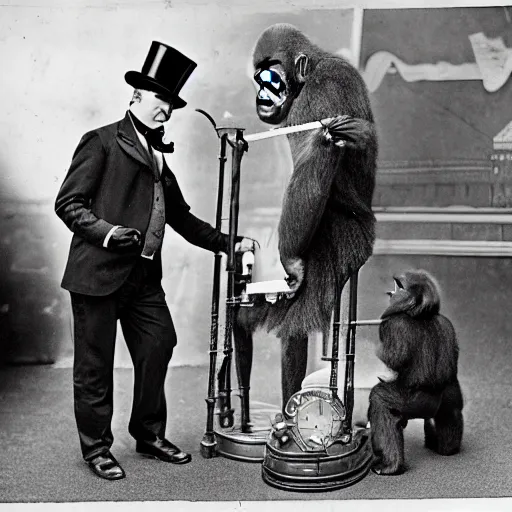 Prompt: A gorilla in a suit and top hat showing his steampunk inventions at 1893 Chicago world's fair