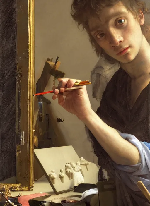 Image similar to a young painter in his studio painting a picture of pepe the frog, by edgar maxence and caravaggio and michael whelan and delacroix style, artistic, intricate drawing, cinematic lighting, hyper realistic, extremely detailed, establishing shot, 8 k resolution, dramatic lighting