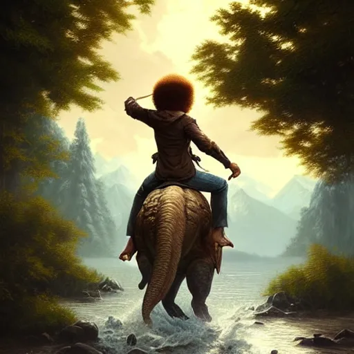 Prompt: bob ross!!! riding!!! a dinosaur!!, model pose, ultra realistic, concept art, intricate details, highly detailed, photorealistic, octane render, 8 k, unreal engine. art by artgerm and greg rutkowski and alphonse mucha