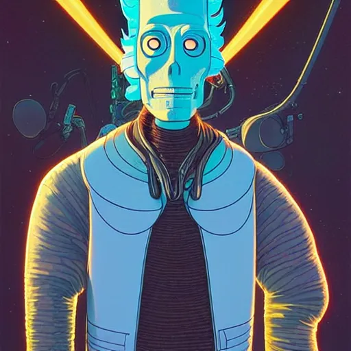 Image similar to 1 0 7 7 bender futuristic rick sanchez futurama portrait by charles vess and james jean and erik jones and rhads, inspired by ghost in the shell, beautiful fine face features, intricate high details, sharp, ultradetailed