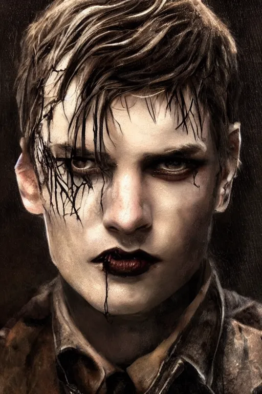 Prompt: a rough looking young man, very short brown hair, gothic, tattered leather coat, intricate, elegant, dramatic lighting, gorgeous face, highly detailed, lifelike, photorealistic, digital painting, artstation, illustration, concept art, smooth, sharp focus, art by John Collier and Albert Aublet and Krenz Cushart and Artem Demura and Alphonse Mucha