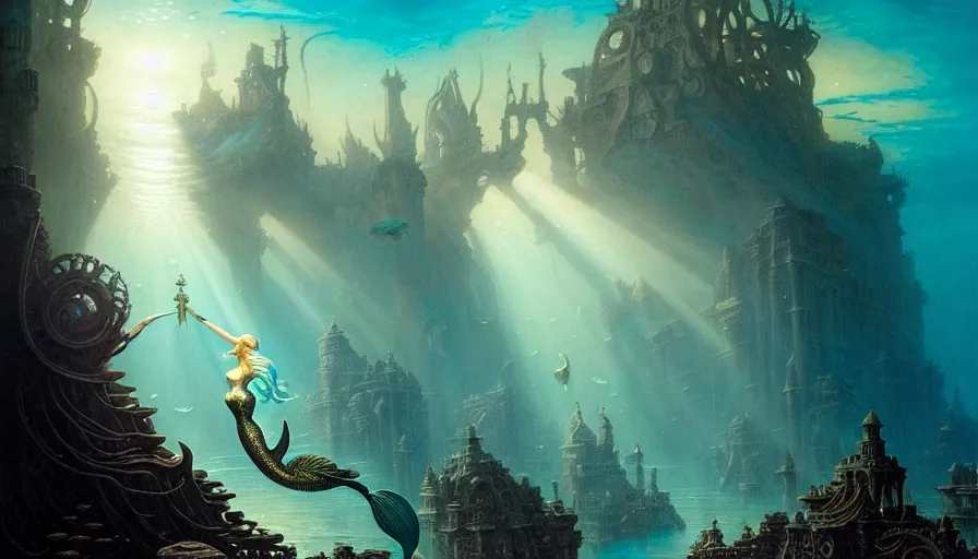 Image similar to a graceful mermaid looking at the sunken city of Atlantis under water, rays of sunlight, stunning undersea intricate detailed grand architecture in the style of Joe Fenton, art style by Greg Rutkowski and Mohrbacher, deep underwater scene, dark and moody, faint volumetric god rays, grim crushing atmosphere, trending on artstation, masterpiece, claustrophobic