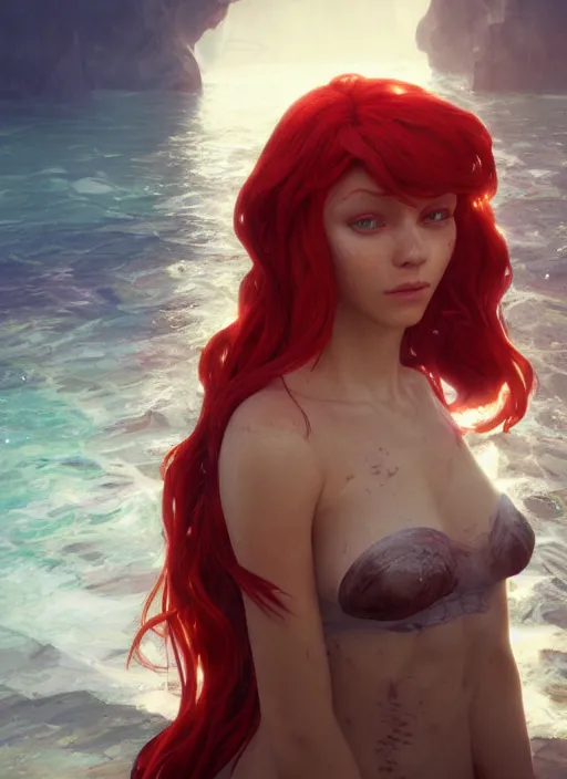 Prompt: portrait of ariel, red hair, sea, hyper detailed, digital art, cinematic lighting, studio quality, smooth render, unreal engine 5, octane rendered, art style by klimt and nixeu and ian sprigger and wlop and krenz cushart.