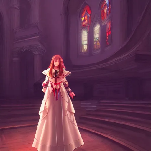 Prompt: aeris from final fantasy in a beautiful dress standing in front of a church, concept art, beautiful lighting, 8 k, digital art, trending on artstation, by yoshitaka amano