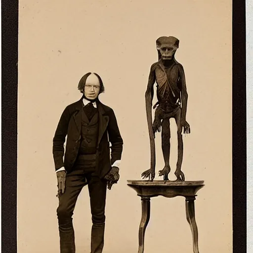 Image similar to realistic naturalist richard owen and naturalist thomas henry huxley standing over antique table with anatomical monkey skulls, victorian, carte de visite