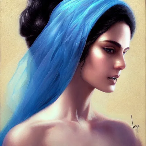 Prompt: ameera al taweel, bright blue eyes, long wavy black hair, white veil, front closeup, cinnamon #b57e59 skin color, highly detailed, centered, oil painting, artstation, concept art by tom bagshaw