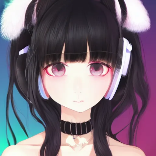 Image similar to realistic beautiful gorgeous buxom natural cute blushed shy girl Blackpink Lalisa Manoban black hair cute fur black cat ears, wearing white camisole, headphones, black leather choker artwork drawn full HD 4K highest quality in artstyle by professional artists WLOP, Taejune Kim, Guweiz, Aztodio on Pixiv Instagram Artstation