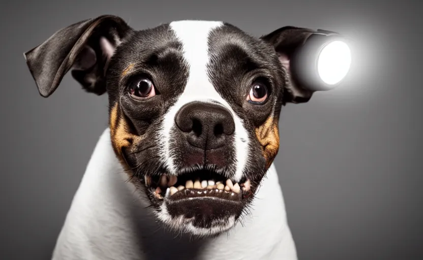 Image similar to studio photography of a funny dog, detailed face, cinematic lighting, 8 k