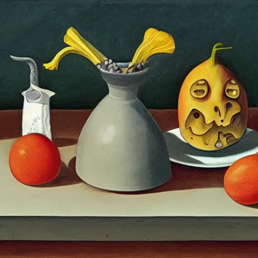 Image similar to still life, by charles addams,