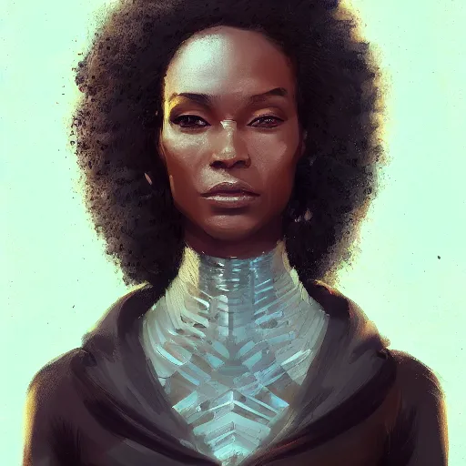 Image similar to Portrait of a woman by Greg Rutkowski, she is about 30 years old, mulato, afro hair, attractive and beautiful, she is wearing a futuristic lawyer outfit, highly detailed portrait, scifi, digital painting, artstation, concept art, smooth, sharp foccus ilustration, Artstation HQ