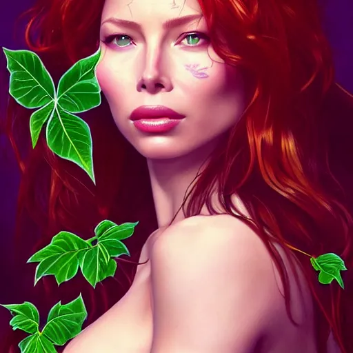 Image similar to beautiful natural jessica biel as poison ivy, intricate, elegant, highly detailed, digital painting, artstation, concept art, smooth, sharp focus, illustration, art by artgerm and greg rutkowski and alphonse mucha and loish and wlop