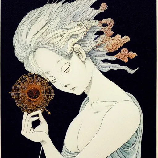 Image similar to prompt: Fragile looking vessel portrait face drawn by Katsuhiro Otomo, inspired by Carlo Dolci, magical and alchemical objects on the side, soft light, white background, intricate detail, intricate ink painting detail, sharp high detail, manga and anime 2000