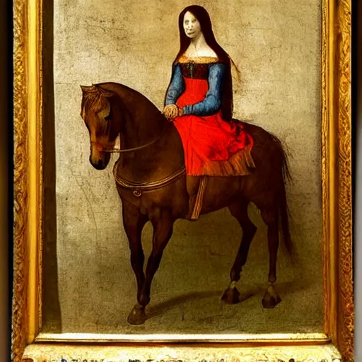 Prompt: never seen painting of a woman on a horse by leonardo da vinci