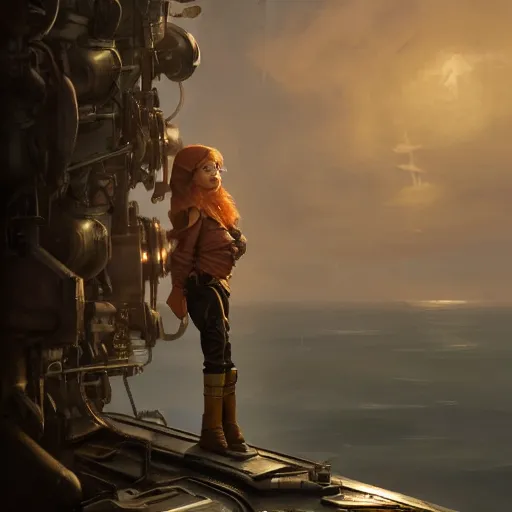 Image similar to a dramatic portrait of a short female gnome mechanic with cropped brown hair, instead of one arm she has one prosthetic metallic gauntlet, standing on a ship deck by Greg Rutkowski, ultra realistic, photorealistic 8k, cinematic lighting, HD, high detail, atmospheric, trending on artstation