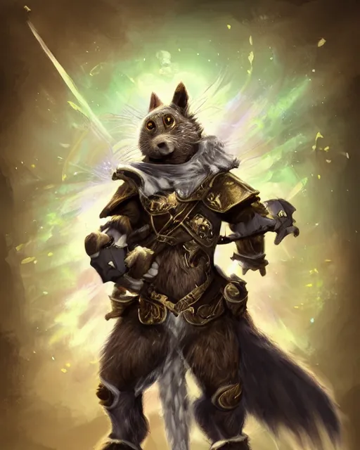 Prompt: a full body shot of an anthro furry ratling wearing a fantasy medieval armor striking a heroic pose, fantasy, artstation, furry art, furaffinity, deviantart, symmetrical, highly detailed, award winning, trending