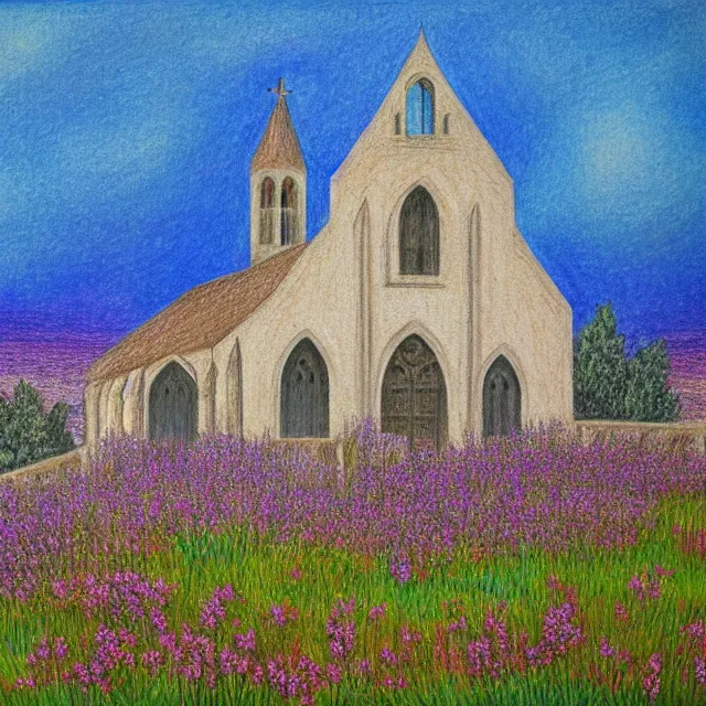 Prompt: abandoned gothic church near a lavander field mediterranean landscape, colored pencil drawing