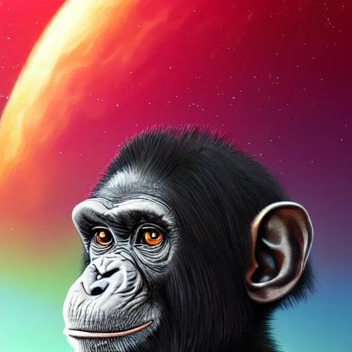 Image similar to a chimpanzee in a space suit, black hole reflecting in its visor, portrait, highly detailed, digital painting, artstation, concept art, sharp focus, illustration