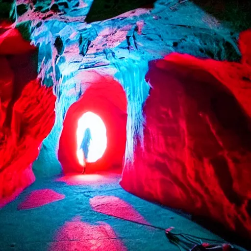 Image similar to style of Henry Peach Robinson and Charlie Bowman, The interior of an cave lit in red, symmetrical detailed woman Stella Maeve who is screaming scared face, symmetrical eyes symmetrical face, blue neon light coming from the back of the cavern, mysterious atmosphere