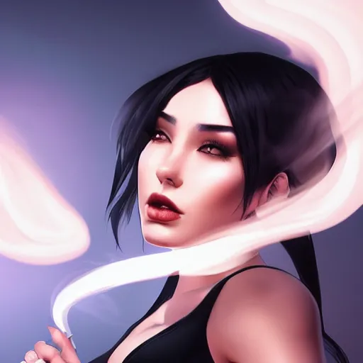 Image similar to woman with black hair, backlit smoke, hard light, cinematic lighting, high detail, made by artgerm, trending on artstation, sharp focus, smooth