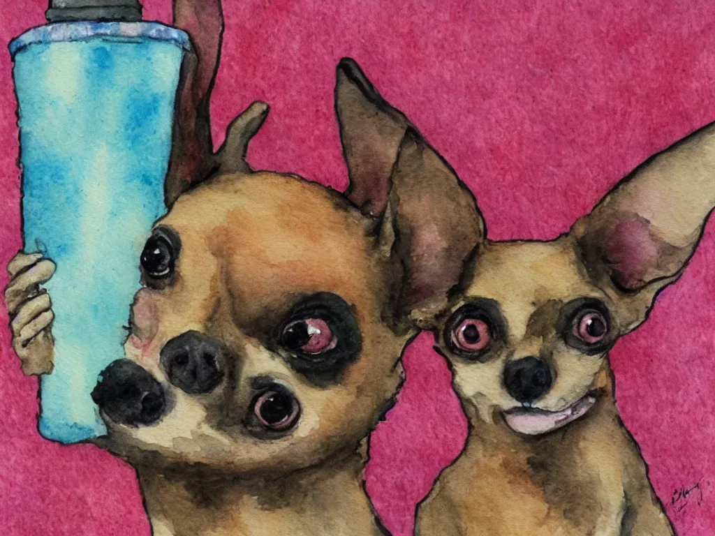 Prompt: a chihuahua dreams of meat slushie outsider art children's illustration watercolor painting