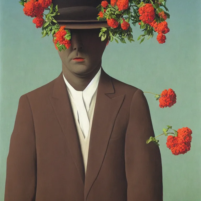 Prompt: portrait of man in a suit, his head is flowers, by rene magritte, detailed painting, hd, hq, high resolution, high detail, 4 k, 8 k