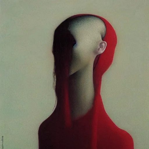 Prompt: pale white young girl in red dress with dark short hairs by Beksinski